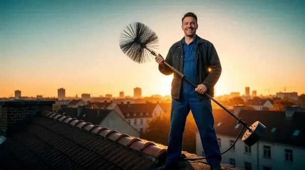 Chimney technician on a Boulder roof at dusk