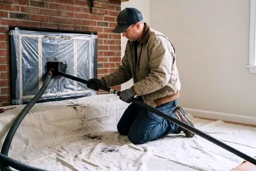 Clean chimney sweep with covered hearth in a Gunbarrel home