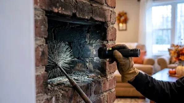 Technician checking a fireplace damper and flue in a Boulder home